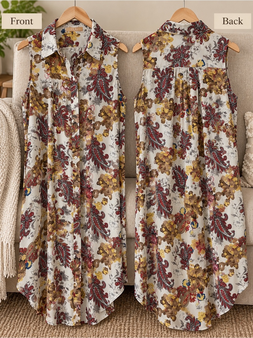 YMI Sleeveless Floral Paisley Button Front Duster Maxi Vest Boho Longline Top